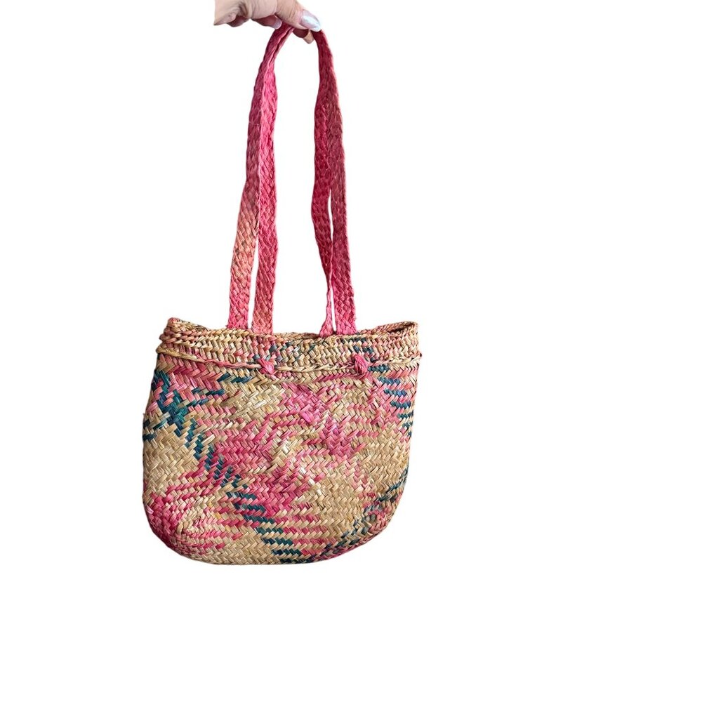 Woven Straw Tote Bag With Pink & Green Pattern
